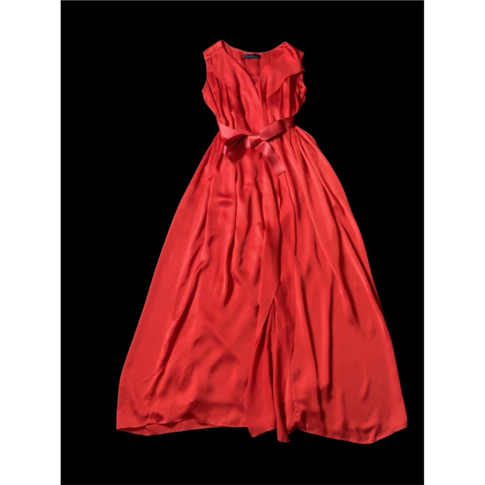 Carolina Herrera Silk Cherry Red Maxi Dress Modern Pleats V-Neck Sleeveless 8